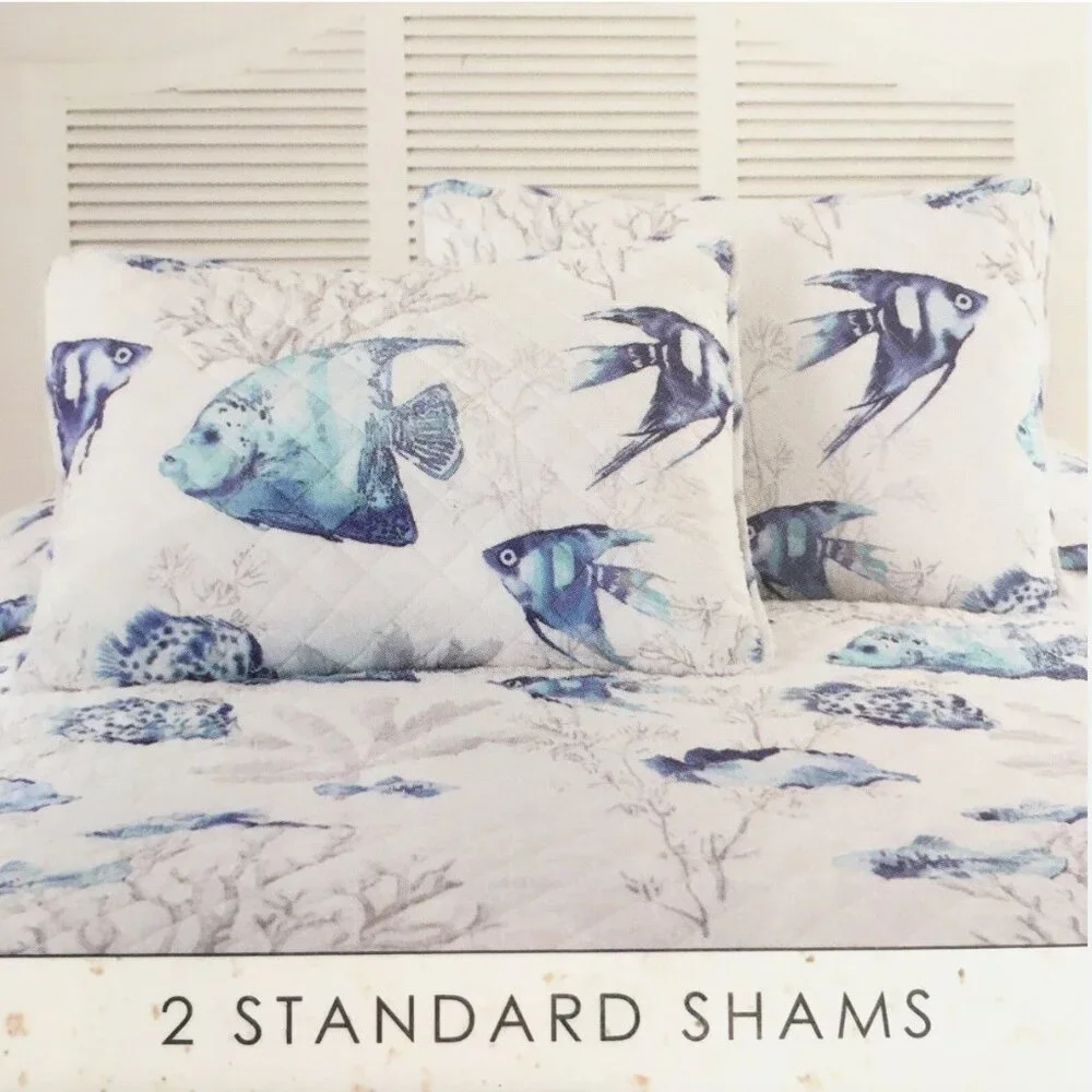 9pc Nicole Miller Blue Fish Coral Ocean QUEEN Quilt Set Sham Sheet Throw Pillow
